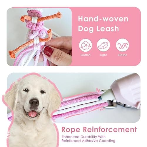Handmade Braided Pink Cotton Dog Leash, 5ft | 5ft Handmade Braided Cotton Dog Leash, Pink Color, Floral Handle, Soft Grip, Durable for Daily Walks, Small to Large Dogs thumbnail 3