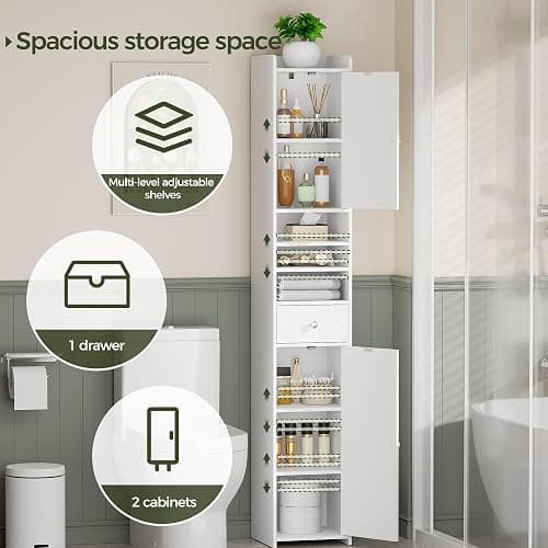 Tall Bathroom Cabinet, Slim Storage Cabinet with Adjustable Shelve 30×180cm | Bathroom Storage Unit Narrow Cupboard, Corner cabinet freestanding Anti-Tip Adjustable Removable Shelf Wood Modern Drawers thumbnail 6