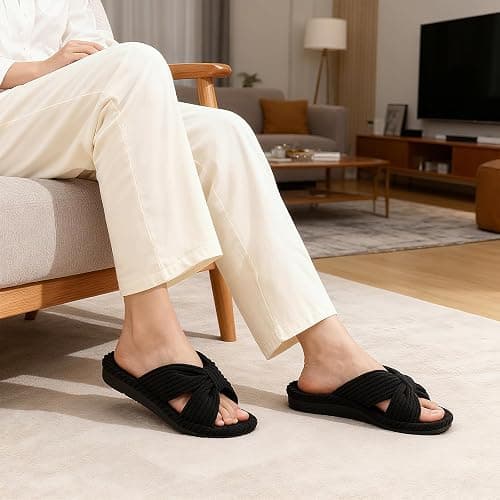 Litfun Orthopedic House Slippers for Women Arch Support Cross Bow Indoor Slippers Corduroy Bedroom Shoes Open Toe Slip On thumbnail 3