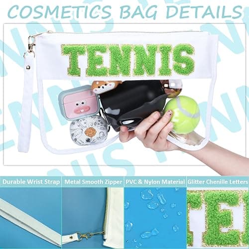 BuyCard 2 Pcs Tennis Gifts Cosmetic Makeup Bag with Chenille Letter Patch, Clear Pouch PVC Organizer Purse, Waterproof Travel Bag, Portable Toiletry Storage Bag for Her Girls Friends Women thumbnail 3