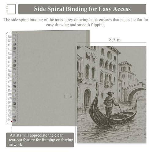 SuFly Toned Gray Sketchbook 8.5" x 11" - 60 Sheets Spiral Bound Artist Drawing Pad, 85lb/130gsm Toned Gray Paper for Graphite, Charcoal, Colored Pencils and Gel Pens. thumbnail 2