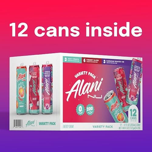 Alani Nu VARIETY PACK CHERRY SLUSH, JUICY PEACH, HAWAIIAN SHAVED ICE Sugar Free, Low Calorie Energy Drinks, 200mg Caffeine, Biotin B Vitamins, Zero Sugar, 10 Calories, 12 Fl Oz Cans, 12 Pack thumbnail 2