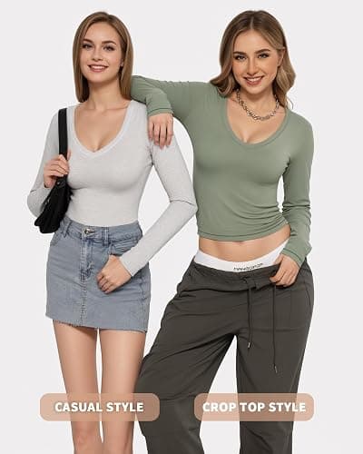 MANGOPOP Long Sleeve Shirts for Women Fall V Neck T Shirt Slim Fitted Tees thumbnail 4