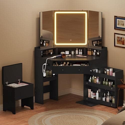 HAUOMS Corner Vanity Desk with Mirror Lights & Storage Bench, Black | Makeup Vanities with Drawers & Rotating Shelves, Power Outlet, 3 Light Settings, Dimmable for Women Girls thumbnail 7