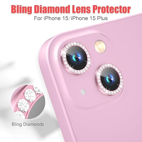 AGVEE 3+3 6 Pack Camera Lens Protector Compatible with iPhone 15/15 Plus, Bling Diamond & Glitter Metal Ring 9H Tempered HD Glass Camera Protector Cover Film, Bling-Pink thumbnail 4