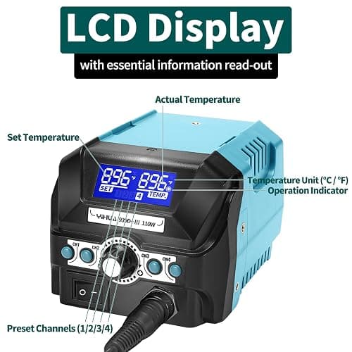 YIHUA 939D+ III EVO Digital Soldering Iron Station Kit 110W High Power with LCD display, 4 Memory Channels, Sleep Mode, Digital Calibration, Solder Wire, Helping Hands, Magnifier, 3 Soldering Tips thumbnail 8