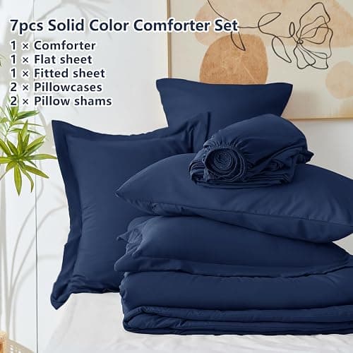 HIMEET Full Size Comforter Sets - 7 Pieces Navy Bed in a Bag, Soft Lightweight Bedding Set, All Season Bed Set with Comforter, Flat Sheet, Fitted Sheet, Pillowcases & Pillow Shams thumbnail 5