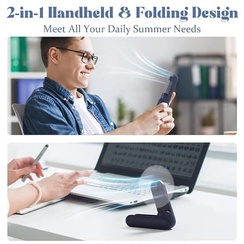 Lerat Portable Handheld Fan, 2 IN 1 Mini Hand Fan, Battery Operated [8-15 Working Hours], USB Rechargeable Personal Foldable Fan for Indoor, Small Pocket Fans Travel Essentials for Outdoor (Blue) thumbnail 2
