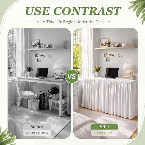 Breling 1 Pcs Ruffled Dorm Desk Skirt 42" L x 24" W x 30" H White Dorm Table Skirt with Split Front & Corners Pleated Minimalist Tablecloth for University Dormitory Classroom Teacher Office Home thumbnail 6