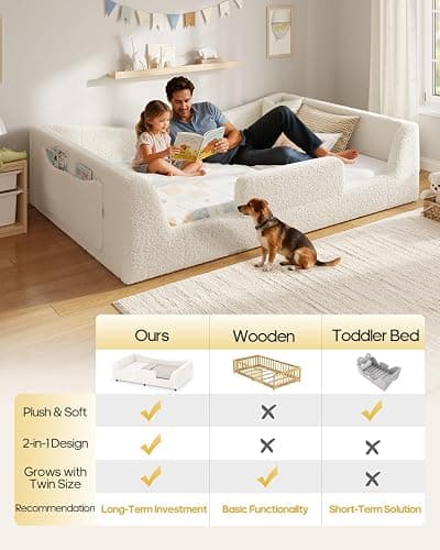 HAUOMS Full Floor Bed, Low Montessori 2-in-1 Convertible Beds, with Slats and High Rails, Upholstered Teddy Boucle, Curve Round Frame for Girls and Boys, No Box Spring Needed, Easy Assemble, Beige thumbnail 8
