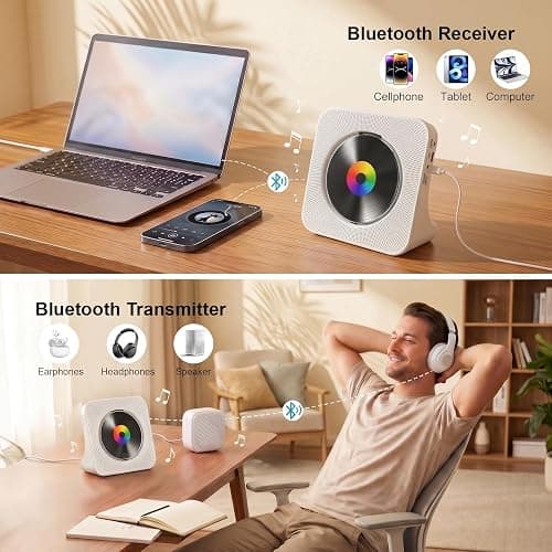 Gueray CD Player Portable Bluetooth Desktop CD Player for Home with Timer Built-in HiFi Speakers with LCD Screen Display Boombox FM Radio USB Type-c (White) thumbnail 3