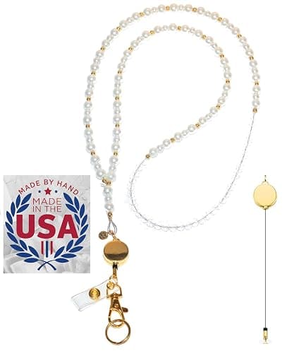Hidden Hollow Beads Pearl & Gold Women's Handmade in USA Beaded Fashion Lanyard 34" Teacher ID Badge Holder Keys Cruise Phone - Image 1