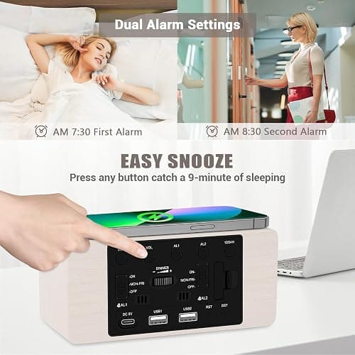 URAYCO Wooden Digital Alarm Clock, 10W Fast Wireless Charger Station & 2 USB Charging Ports, with 0~99% Dimmer, Dual Alarm, Weekday/Weekend Mode, Wood LED Clock for Bedroom, Desk, Office thumbnail 6
