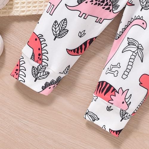 MINIFEIKO Newborn Infant Baby Girl Dinosaur Outfit Long Sleeve Hoodie Romper Bodysuit and Pants with Headband Set thumbnail 7