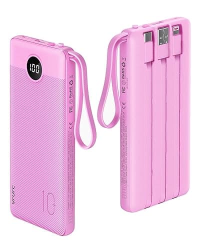 VRURC Portable Charger 10000mAh, Travel Essentials Battery Pack, 5 Output 2 Input Power Bank, Built-in Micro & USB C Cables Phone Charger Compatible with iPhone,Samsung,Android-Purple(1 Pack)
