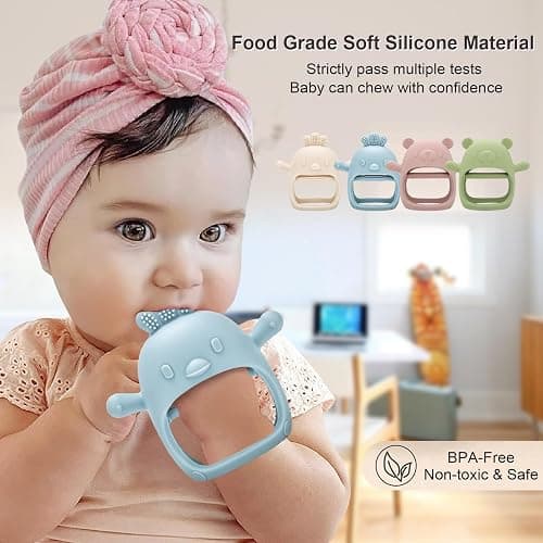 Cseece 2 Pack Teething Toys for Babies, Baby Teething Toys Teething Relief Mitten, Silicone Teether for Baby, Toddler Infant Hand Essentials Chew Toys for Sucking Needs (White/Pink) thumbnail 2