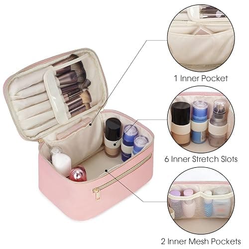 Wandering Nature Makeup Bag, Travel Make Up Organizer Cosmetic Brush Bags Case for Women in Vegan Leather, Pink, Patent Pending thumbnail 4