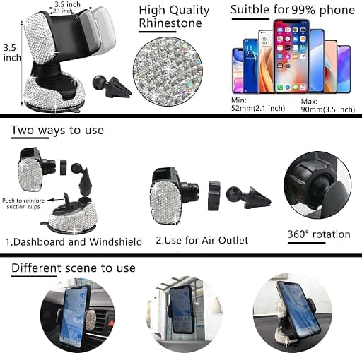 NBTEPEM 27 PCs Bling Car Accessories Set for Women, Steering Wheel Covers Universal Fit 15 Inch, Bling License Plate Frame, Bling Phone Holder, Bling Car Coasters (Silver Diamond) thumbnail 5