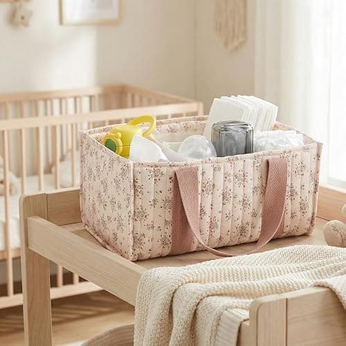 Floral Diaper Caddy Organizer with Handle Stylish Nursery Storage Basket with Removable Partition Babies Shower Gifts Basket for Boy and Girl (Daisy Pink) thumbnail 2