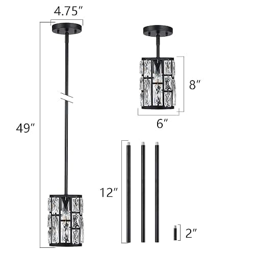 Modern Crystal Pendant Light Fixture 3-Pack Matte Black Finish Hanging Lighting Crystal Chandelier for Living Room, Kitchen, Hallway thumbnail 3