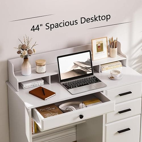 4 EVER WINNER White Desk with Drawers, 44 Inch Small Computer Desk with File Drawer and Monitor Stand, Wood Desk with Storage Shelf for Small Spaces, Living Room, Bedroom, White thumbnail 3