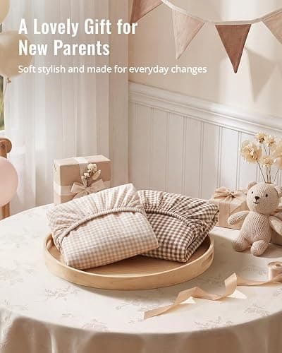Blissful Diary Muslin Crib Sheets, 2 Pack, Beige Gingham & Brown Gingham | fitted for 52''x28'' crib mattress, soft and breathable cotton, boho style, easy care for machine wash, gift for boy and girl thumbnail 8