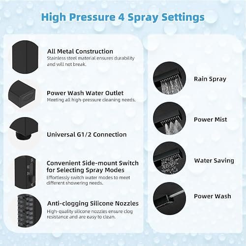 Hibbent All Metal CUPC Certified 10'' Rainfall Shower Head, Dual Shower Head Combo, High Pressure Handheld 4 Sprays Shower Wand, 16'' Adjustable Extension Arm, 71'' Hose, Shower Holder, Matte Black thumbnail 6