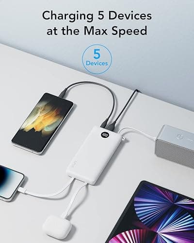 VRURC Portable Charger Power Bank, 10000mAh Travel Essentials Battery Pack, 5 Outputs 2 Inputs Slim Charing Bank Built-in Cables Cords Wires Compatible with iPhone,Samsung,Android-White(1 Pack) thumbnail 5
