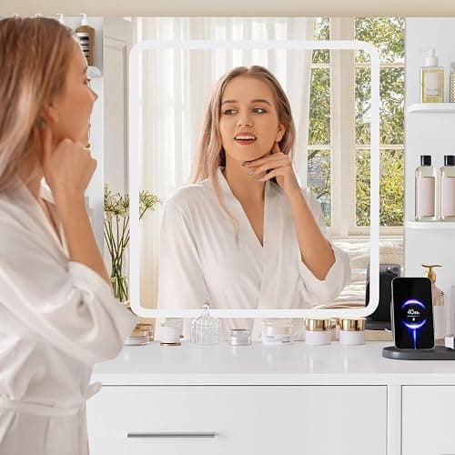 FIONESO Vanity Desk with Mirror and Lights, Makeup Vanity with Power Outlet and 4 Drawers & 6 Shelves & 5 Hooks, 3 Color Modes & Adjustable Brightness, White Vanity for Bedroom thumbnail 7