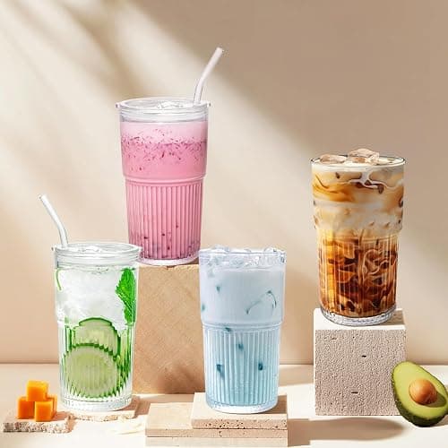 Luiaiog 18.5oz Glass Cups with Lids and Straws - Set of 4 Reusable Tumblers, Thickened Shatter-Resistant Glass, Ideal for Iced Coffee, Smoothies, Cocktails, Juices - Elegant & Durable Drinkware thumbnail 6