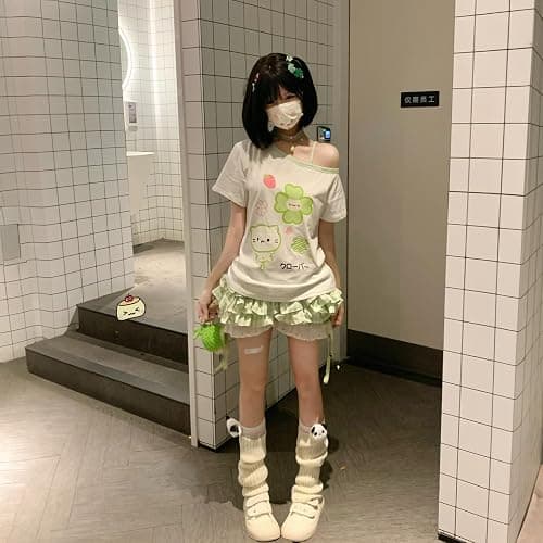 Womens Y2K Off Shoulder Kawaii T-Shirt Suit Hrajuku Plaid Ruffled Lace Pumpkin Short Pants Cute Cat Graphic Tops thumbnail 5
