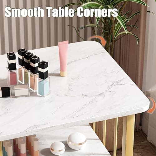 Zucebos Nail Desk with 3-Tier Shelves, Modern Manicure Table with Marble Top and Gold Frame, Nail Tech Desk for Beauty Salon Spa White thumbnail 5
