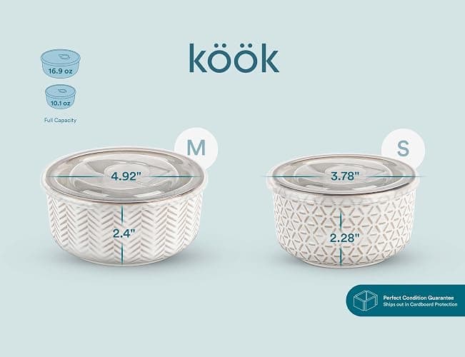 KooK Ceramic Nesting Bowls, with Lids, Serving, Set of 4, Embossed, Kitchen, Prep, Mix, Gift, Housewarming, Microwave and Dishwasher Safe, 10/16/29/47 oz, Narbonne Collection (Ivory) thumbnail 8