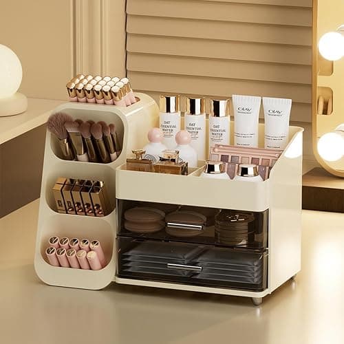 KQJS Makeup Organizer with Drawers,Large Capacity Countertop Organizer for Vanity,Bathroom and Bedroom Desk Cosmetics Organizer,Easy To Storage Skincare,Brushes, Eyeshadow, Lotions, Lipstick (Cream) thumbnail 5