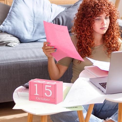 DEERINE Wooden Block Calendar for Desk, Large Size Daily Desktop Perpetual Desk Calendar, Cute Date Display Desk Accessories for Home Office Decor, Teacher, Classroom, Reusable Yearly, Pink thumbnail 6