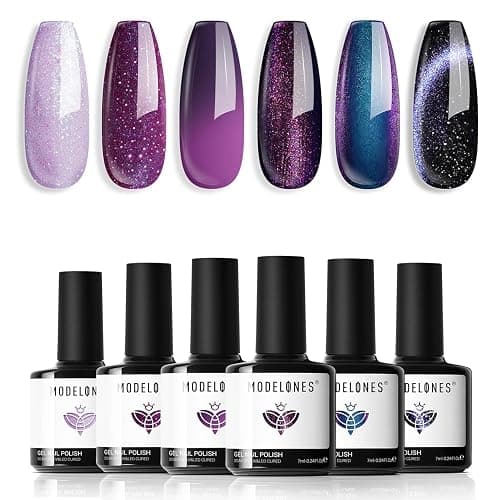 modelones Gel Nail Polish Set, 6 Colors 2026 Purple-Red/Black/Blue Sparkle Chameleon Glitter Gel Polish Purple-Black Color Changing 9D Cat Eye Nail Polish With Magnet LED Nail Art DIY Gift - Image 1