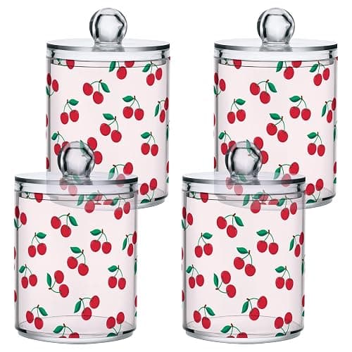 Bulletgxll Apothecary Jar with Lids 2 Pack Cute Cherry Fruit Qtip Holder Clear Plastic Containers Bathroom Vanity Countertop Organizer for Cotton Swabs, Cosmetic Pads, Sponges, Flossers thumbnail 4