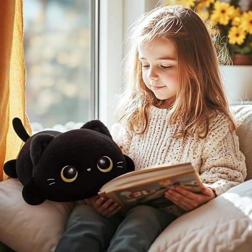 Cute Black Cat Plush Pillow, Kawaii Plushies Black Cat Stuffed Animals, Squishy Plushies, Cuddle Plush Pillow for Kids & Girls (20 Inch) thumbnail 8