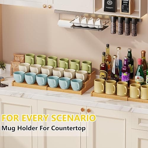 Hongtamoya 3-Tier Expandable Bamboo Mug Holder For Countertop Coffee Cup Holder Display Mug Organizer Mug Rack for Coffee Bar Organizer Mug Shelf for Cabinet for Kitchen, Home thumbnail 7