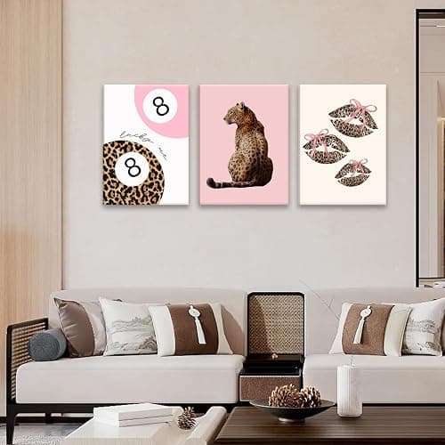 ZKFGPP 3 Piece Trendy Leopard Canvas Wall Art Funky Cheetah Art Prints Pink Bow Lucky 8 Ball Painting Aesthetic Pictures Wall Decor Artwork for Girly Bedroom Apartment Dorm 12x16in thumbnail 3