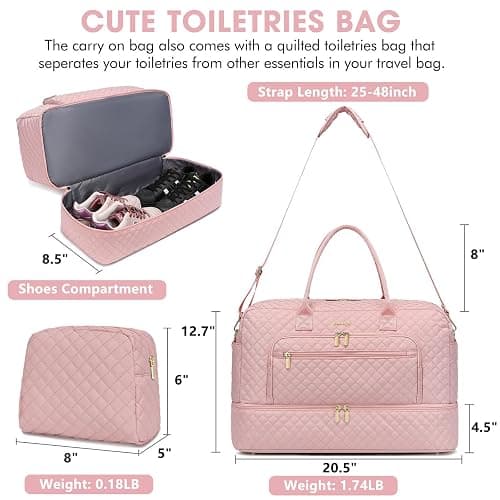 Large Women Travel Duffle Bag - Carry on Overnight Bag Weekend Travel Duffel Tote Bag Yoga Gym Bag with Wet Pocket Toiletry Weekender Overnight Bag for Travel Business Trips Sports Hospital Pink thumbnail 3