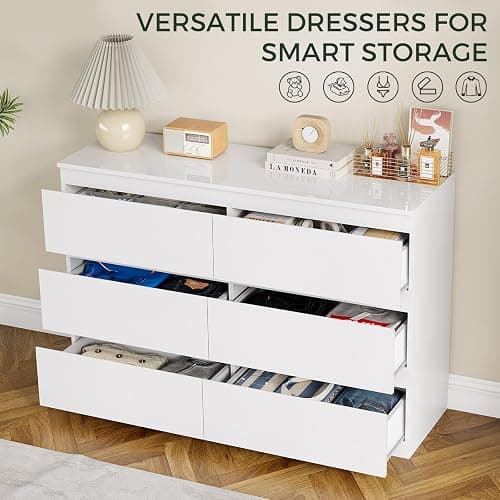 OtterOasis White Dresser for Bedroom Wood 6 Drawer Modern High Gloss | 47" Wide, Handle-Free, long, for Living Room, Entryway, TV Stand, Storing CLothes, Dressers & Chests of Drawers thumbnail 4
