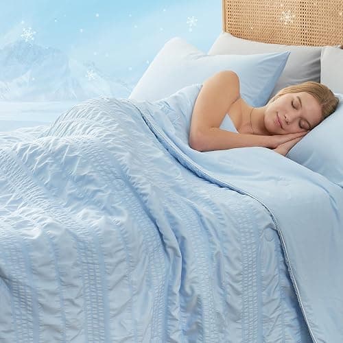 Cozy Bliss Seersucker Cooling Comforter Queen Size, Q-Max 0.45 Reversible Lightweight Cooling Blanket, Breathable Silk Smooth Summer Bedding Quilt for Hot Sleepers Night Sweats Cold Blue thumbnail 9