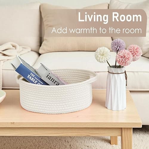 JMvicyroam Woven Basket,Small Rope Storage Bin with Handles & Ribbon Bag, Organizer for Shelves Closets,Gift Basket Empty for Birthday,Books,Dog Toys,White thumbnail 8