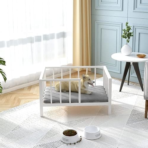 OSCHF Dog Bed with Rails - Elevated Pet Metal Bed Frame with Solid Wood Board and Washable Soft Mat for Small Dog Indoor or Outdoor Use, 21.3" x 30 ", White thumbnail 8