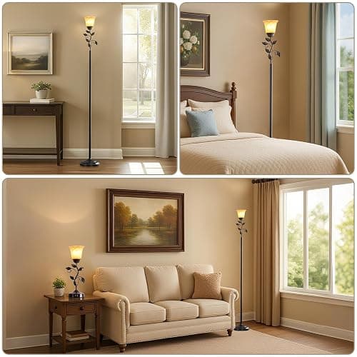 RORIANO 72” Flower Farmhouse Leaf Floor Lamp for Living Room | Rustic Tall Standing Lamp with Amber Glass Shade and Traditional Foot Switch for Bedroom, Corner, Office, Bulb Included thumbnail 5