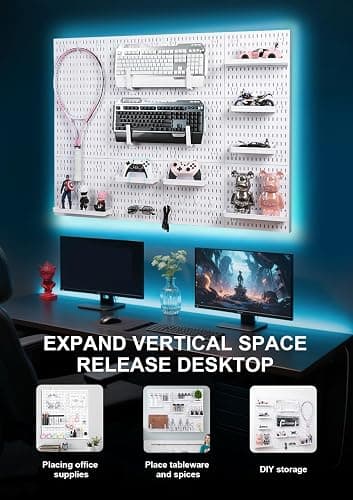Pegboard Wall Organizer Kit – Heavy Duty 20lbs Load Bearing, Easy Installation, 4 Peg Board Panels 14 Accessories – Multi-Surface Use For Garage, Office, Kitchen & Crafts (White Pegboard,24″×24″) thumbnail 5