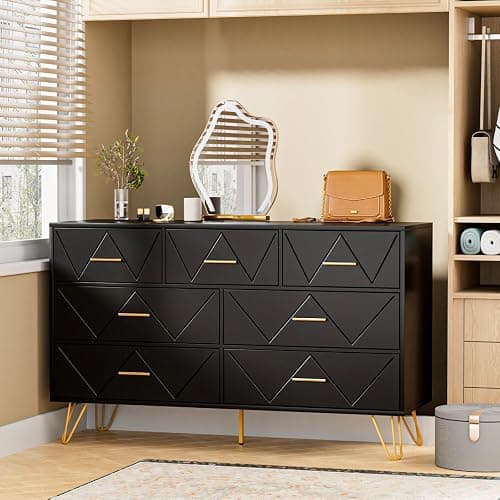 JOZZBY Dresser for Bedroom, 7 Drawer Black Wooden Dresser with Gold Handles, Modern Storage Dressers & Chests of Drawers for Hallway, Entryway thumbnail 7