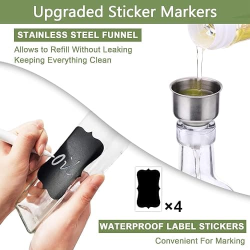 Leaflai Olive Oil Dispenser Bottle, 2 Pcs Glass Olive Oil Dispenser and Vinegar Dispenser Set with 2 Stainless Steel Pourers, 4 Labels,1 Brush and 1 Funnel Oil Bottles for Kitchen (500ml) thumbnail 6