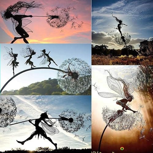 Fcteap Flower Fairy Dancing with Dandelion Garden Art Sculpture Stainless Steel Statue Christmas Halloween Decoration for Outdoor Yard Courtyard Lawn Patio Metal Ornaments (Long Travel) thumbnail 6
